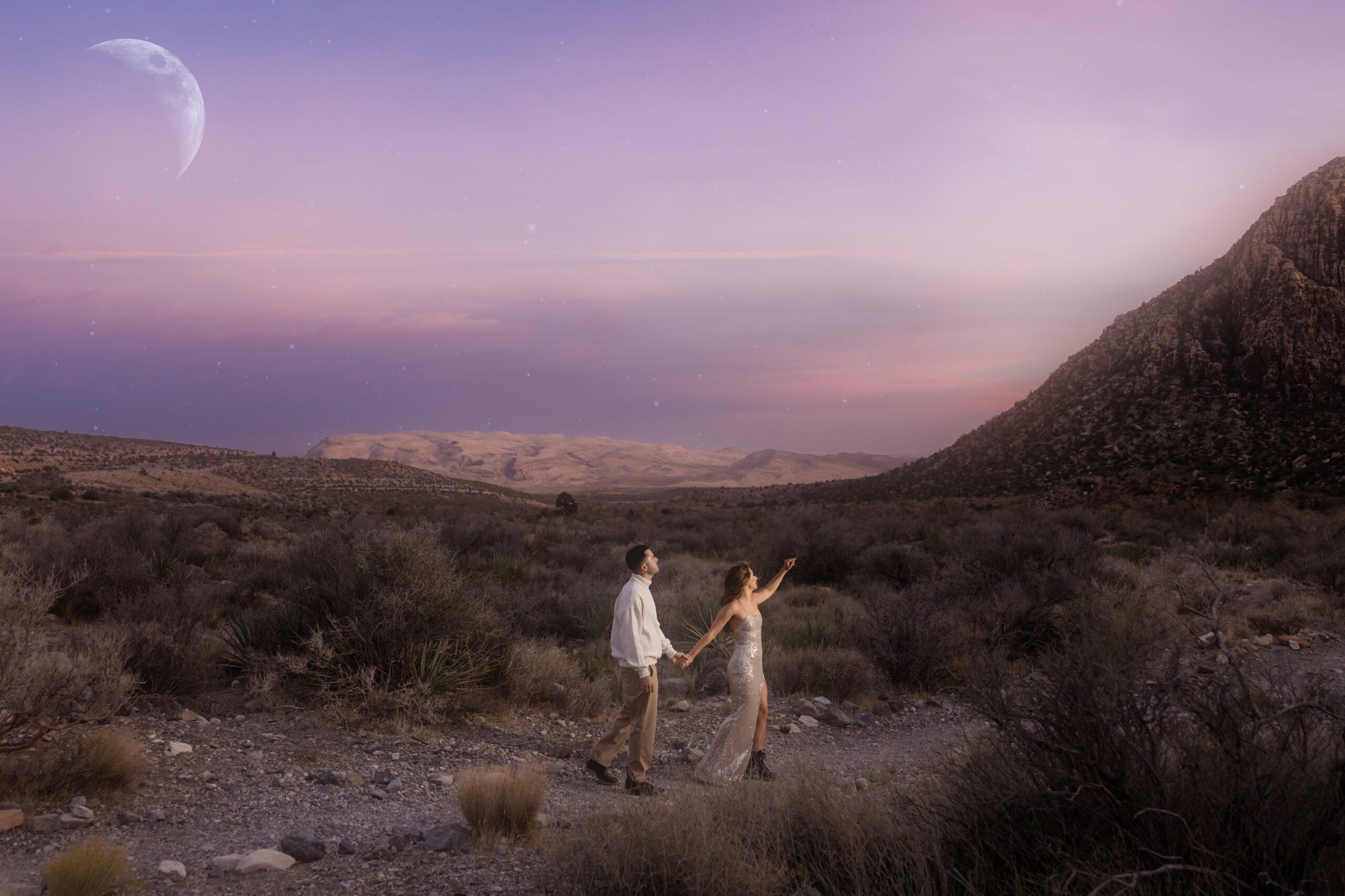 沙漠中的新娘和新郎。