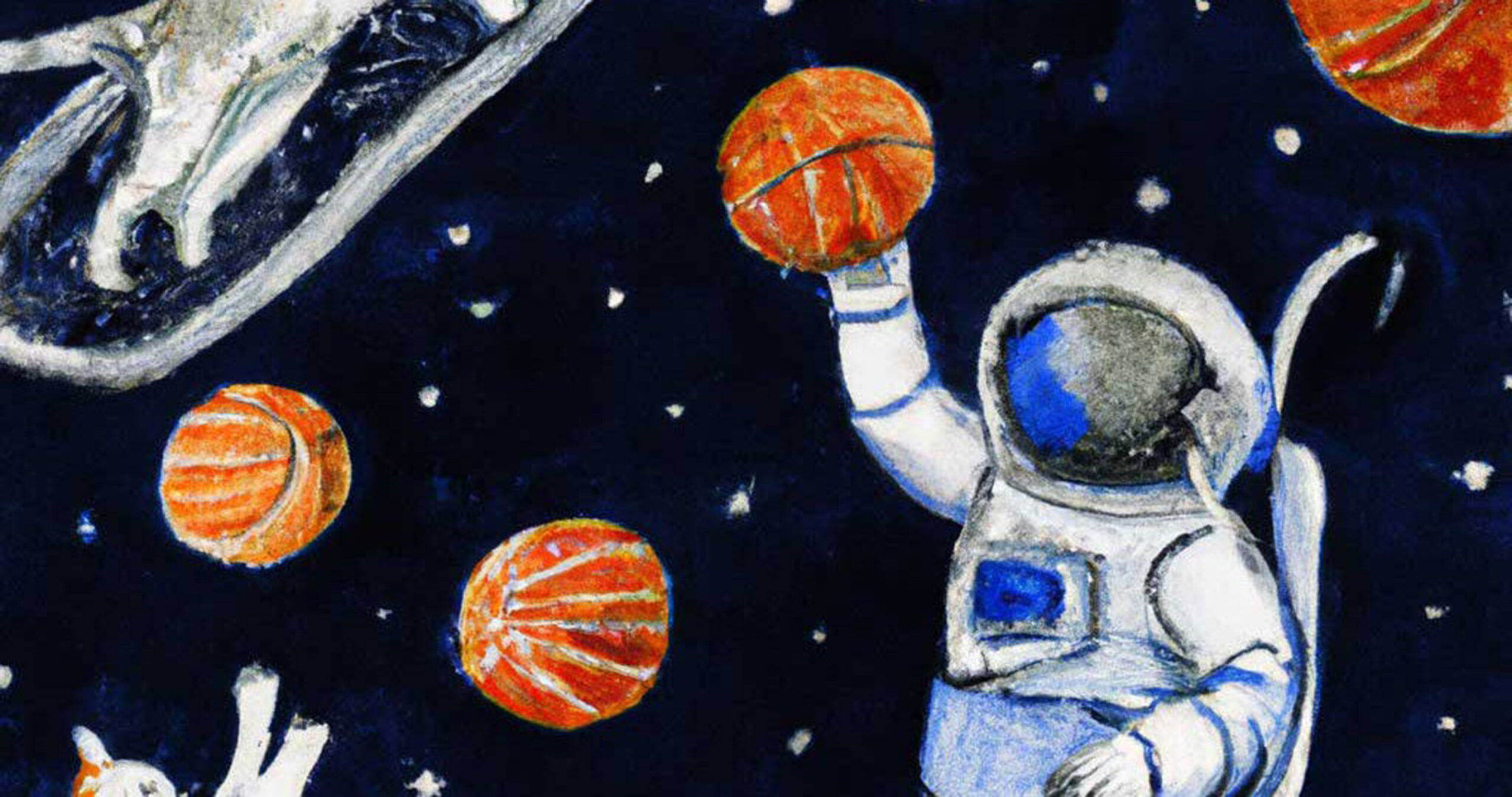 宇航员在太空走廊和猫打篮球
